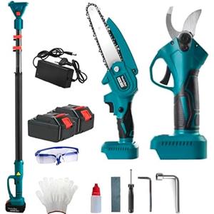 Generico Kit Set per Potatura a Batteria, con Cesoie Forbici e Mini Motosega da 6 Pollici con pompa olio, con Asta Telescopica da 208 cm, Potatura Giardino Rami Arbusti Vigneto - Guanti e Occhialini