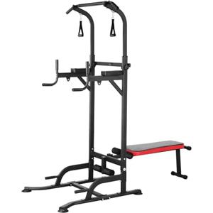 TLGREEN Power Tower multifunzione con panca pieghevole, barra per trazioni dip station, allenamento con la forza, allenamento a casa, fitness, con fasce per allenamento, capacità di carico fino a 200 kg