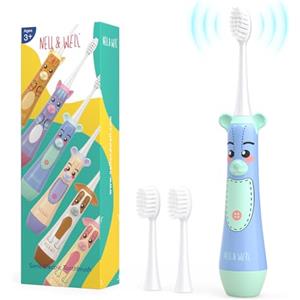 NELL&WELL Spazzolino elettrico per bambini con timer da 2 minuti, alimentato a batteria con 3 testine morbide per bambini dai 3 anni in su, impermeabile IPX7, senza BPA (blu)