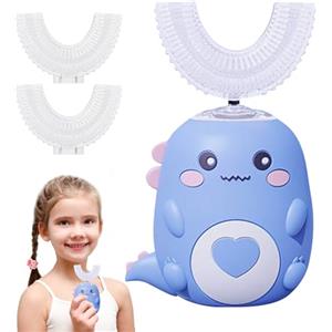OWJHE Spazzole elettriche per bambini con 2 testine in silicone a U, 2 - 6 e 6 - 12 anni, misurazione automatica del tempo, carica USB, design dinosauro (blu e 6 - 12 anni)