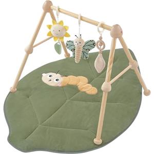 COTTONBEBE 4 IN 1 Palestrina per Neonati, Tappeto di Gioco con Legno Naturale, 3 Giochi Rimuovibili da Afferrare, Montessori per 0-3-6-12-36 Mesi,Foglia