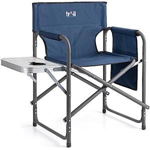 Trail Outdoor Leisure Trail Sedia da Regista Pieghevole con Tavolino, Portabicchieri, Tasca Portaoggetti, Sedia da Campeggio e Giardino con Braccioli Imbottiti, Struttura in Acciaio Resistente (Carico Max 120 kg)