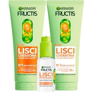 Garnier Fructis Lisci Cheratina Set Shampoo 200ml + Balsamo Trattamento Lisciante Cheratina Vegetale e Olio di Argan 200ml + Siero Termoprotettore Lisci Impeccabili 50ml per Capelli Crespi - Set da 3