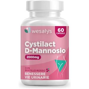 WESALYS D Mannosio Puro 2000mg | Cistite, CYSTILACT® - 60 CAPSULE con Mirtillo Rosso, Probiotici ed Acido ialuronico | per Candida e Infezioni delle Vie Urinarie | 100% Vegan