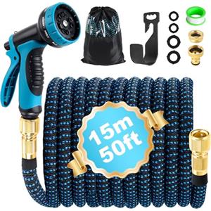 INSCN Tubo Acqua Giardino Estensibile 15m, Flessibile con Adattatori 1/2" e 3/4", Pistola Giardino Multifunzione, Nero e Blu, per Irrigazione, Giardinaggio, Lavaggio Auto