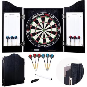 Engelhart - 065015- Bersaglio con Armadietto in Legno, Sisal da Competizione Ufficiale, 6 Freccette in Ottone 18 g, Gesso e Spugna (Nero)