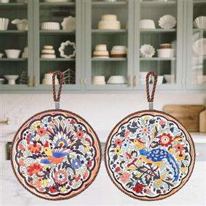 JGZTJXNK Set 2 sottopentola in ceramica con base in sughero e cordino, presine tonde vintage, adatte per pentole/ciotole/mestoli/bacini/tazze/e pirofile, decorazione cucina (17 cm)
