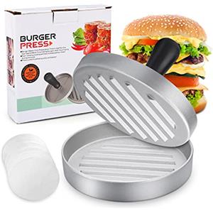 HEPAZ Pressa per Hamburger Pressa Stampa in Alluminio + 100 Carta Antiaderente,Perfetto per Hamburger,Cheeseburger,Fricadelle, Polpete,Padella,Barbecue,Antiaderente