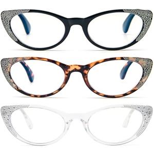 KoKoBin Confezione da 3 Occhiali da lettura da donna a occhio di gatto, computer alla moda blu luce che blocca la lettura occhiali telaio Comfort cerniera a molla (Confezione da 3, 1)