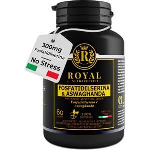 ROYAL NUTRACEUTICI Integratore con Fosfatidilserina 300 mg e Ashwagandha 600 mg per dose - Memoria, Concentrazione, Cortisolo, Sonno e Stanchezza - 60 Capsule - Vegan - Made in Italy - ROYAL NUTRACEUTICI