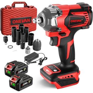 ONEVAN Avvitatore a percussione a batteria, avvitatore elettrico senza spazzole, avvitatore a 4 velocità da 700 Nm per cambio pneumatici auto (rosso, con 2 batterie e set di 12 accessori)