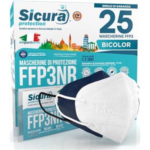 SICURA MASCHERINE CHIRURGICHE 25 Mascherine FFP3 Certificate CE Blu e Bianche Made in Italy BFE ≥99% | PFE ≥99% logo SICURA impresso Mascherina italiana ffp3 SANIFICATA e sigillata singolarmente. 13 Blu + 12 Bianche
