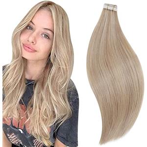 RUNATURE Extension Adesive Capelli Veri Biondo Highlight 30cm Extension Capelli Veri Biadesivo 20 Pezzi Biondo Dorato Misto Biondo Chiaro Invisible Tape in Extension Human Hair 30g #16P24