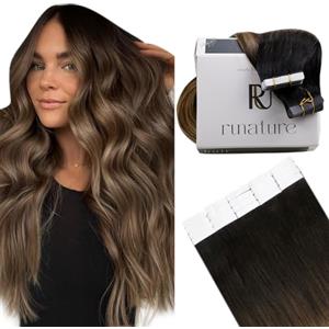 RUNATURE Extension Biadesive Capelli Veri Balayage Nero Ombre Marroni Con Marrone Caramello 30cm 20pcs 30g Extension Adesive Invisibile #1B/4/27