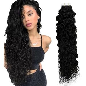 RUNATURE Extension Capelli Veri Biadesivo Invisibile Ricci Extension Biadesive Capelli Veri Lisci 50g 35cm 20Pezzi #1B