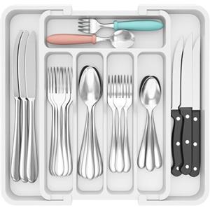 Lifewit Silverware - Organizer per cassetti, espandibile, senza BPA, per cucina, posate e posate, regolabile, per cucchiai, forchette, coltelli, organizer da cucina in plastica, colore: bianco