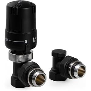 VANCOCO Kit Termostatico a Squadra Completo 1/2 con Valvola Detentore ad Angolo, Raccordo con Guarnizione G1/2 per Termosifoni, Valvola Termostatica Radiatore Nero con Blocco e Posizione Anti-Gelo