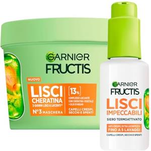 Garnier Fructis Lisci Cheratina Set Maschera 370ml Trattamento Lisciante per Capelli Secchi e Spenti + Siero Termoprotettore Lisci Impeccabili 50ml per Capelli Crespi Protegge Fino a 230°C - Set da 2