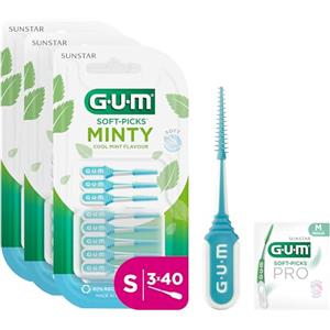 GUM SOFT-PICKS MINTY Scovolini in gomma al fresco sapore di menta | Pulizia dei denti e rimozione della placca | Misura S | Multipack 3x40 (con 1 campione omaggio)