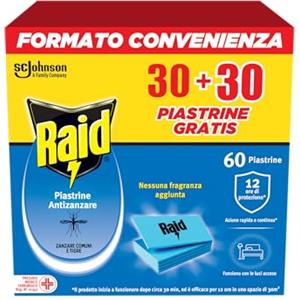 Raid Piastrine Antizanzare, 60 Piastrine Inodore per Zanzare Comuni e Tigre, Fino a 12 Ore di Protezione, Compatibili con Diffusori Raid