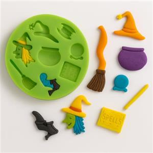 Graziano, Stampo Silicone Halloween Rotondo 8 Disegni 9cm - Strega, Cappello, Pipistrello, Zucca, Per Pasta Zucchero