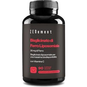 Zenement Bisglicinato di Ferro Liposomiale 30 mg con Vitamina C - Alto Assorbimento e Tolleranza Digestiva - Forma Chelata Stabile e Sinergica - 90 Capsule Vegane - Zenement