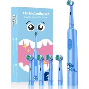 Drqzwp Spazzolini elettrici bambini 6-12 anni, spazzolino elettrico ricaricabile con timer, 3 modalità, impermeabile lPX7 con testina a 4 setole morbide (blu)