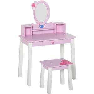 HOMCOM Set Tavolo Toeletta per Bambine con Specchio e Sgabello in Legno Rosa - Giocattolo Creativo per Bambini dai 3 Anni