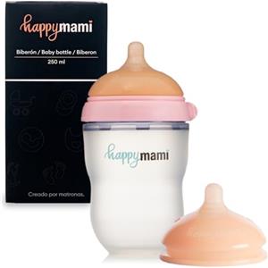 HappyMami, Biberon su Misura con Tettarella in Silicone Medico + Tettarella Personalizzabile, senza BPA, doppio Sistema Anticolica, Lavabile in Lavastoviglie (Rosa 250 ml)