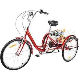 SailorMoon Bicicletta a tre ruote da 24 pollici, triciclo per adulti, sei marce e altezza regolabile,3 ruote per anziani, 120kg Triciclo da 24 pollici con cestino per la spesa e lampada per anziani e donne,rosso