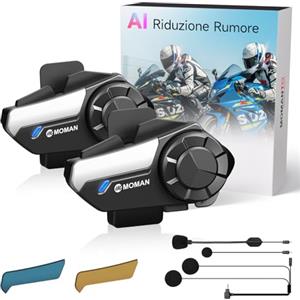 Moman Interfono Moto Coppia, H2S Auricolare Casco Moto 1000M Sistema di Comunicazione Riduzione del Rumore Tripla Audio Multifunzione Hi-Fi Stereo Radio FM Controllo Vocale AI IPX6 Impermeabile