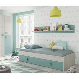 Dmora - Letto per Bambini Lubbock, Struttura Letto per cameretta, Letto con Lettino Estraibile e mensola, 201x98h43 cm, Bianco e Verde Acqua