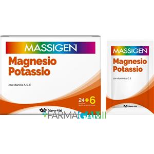 Massigen Magnesio e Potassio - Integratore Alimentare con Vitamine A, C, E - 24 6 Bustine Monodose Gusto Arancia Rossa