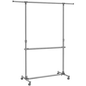 SONGMICS Appendiabiti Attaccapanni Porta Abiti a rotelle con ruote in acciaio altezza larghezza regolabile Stand Stender 2 Aste, tubo rivestito di acciaio inox LLR401