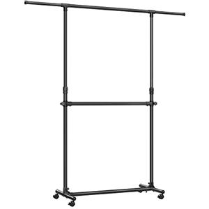 SONGMICS Stand Appendiabiti Doppio, Attaccapanni Estensibile con Ruote, Altezza Regolabile 113-180 cm, Barra Centrale Regolabile, Nero LLR401B01