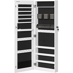 SONGMICS Armadietto Portagioie da Parete o Porta, Specchiera Portagioielli con Serratura, 2 Organizzatori per Cosmetici in Plastica, Idea Regalo, Bianco JJC001W01