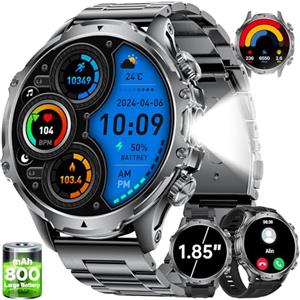 LIGE Smartwatch Uomo con Torcia LED/800mAh, 1.85'' Orologio Smart Watch con Chiamata Bluetooth, IP68 Impermeabile 110+ modalità Sportive Cardiofrequenzimetro SpO2 e Sonno per Android iOS