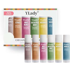YLady 6Pack Burrocacao Labbra Naturale Lip Balm Set, Balsamo labbra organic Burro di cacao labbra nutriente Idratante Lip Care Balm 6 Gusti (Cocco, Agrumi, Menta, Eucalipto Menta, Cera d'api, Vaniglia)