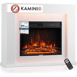 KAMINIO Camino elettrico Matti - Caminetto da pavimento con riscaldamento, effetto fiamma 3D, luce ambiente a LED, telecomando - 38 pollici (Bianco)