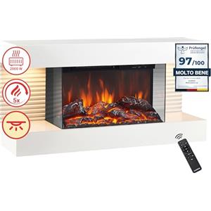 KAMINIO Camino elettrico LIZ - Caminetto elettrico da parete con riscaldamento, effetto fiamma 3D, luce ambiente a LED, telecomando (Bianco)