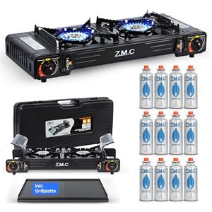 Z.M.C Fornello a gas da campeggio, 2 fuochi + piastra 45 x 24 cm + 12 cartucce di gas da 227 g, fornello da campeggio con dispositivo di sicurezza per esterni ed interni, doppio fornello a gas con