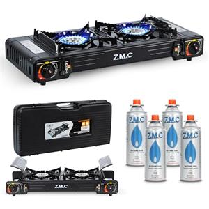 Z.M.C Fornello a gas da campeggio, 2 fuochi + 4 cartucce a gas da 227 g, fornello da campeggio con dispositivo di sicurezza per esterni e interni, doppio fornello a gas con accensione piezoelettrica