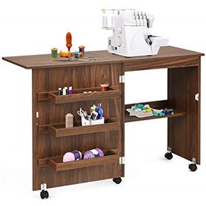 LIFEZEAL Armadietto per Cucito, Tavolo per Macchina da Cucire, Tavolo da Stiro, 5 Ruote, 3 Mensole e 1 Ripiano, Piano Pieghevole, 117x40x 77cm, Legno, Marrone