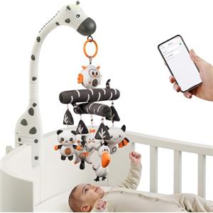 TUMAMA Giocattolo mobile per culla da 0 a 3, 6-9 mesi, giocattolo per culla ad alto contrasto con luce notturna con proiettore, musica e rumore bianco, peluche bianco e nero da appendere