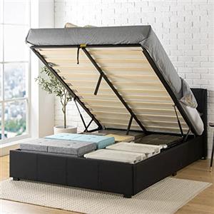 Zinus Maddon - Letto imbottito da 140 x 200 cm, con vano portaoggetti, letto alto 31 cm, con rete a doghe in legno e testiera, meccanismo di sollevamento idraulico e vano portaoggetti, colore nero