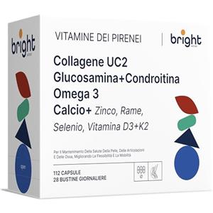 Bright Naturo Collagene UC-II, Omega 3 TG, Glucosamina e Condroitina, Calcio, Magnesio, Rame, Zinco e Vitamina D3K - SmartAbsorb™ | per la mobilità articolare, la salute delle ossa e l'immunità | 28 bustine