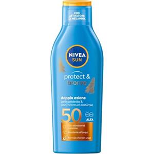 NIVEA SUN Latte Solare Protect & Bronze FP 50 200 ml, Crema solare 50 per un'abbronzatura dorata, intensa e uniforme, Protezione solare 50 con attivatore di melanina