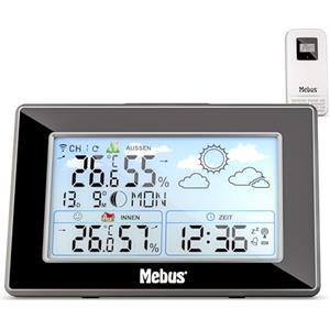 MEBUS Stazione meteo radiocomandata con sensore esterno, termometro/igrometro, orologio radio, indicatore di benessere valutato clima ambiente, previsioni meteo, calendario lunare, sveglia, colore:
