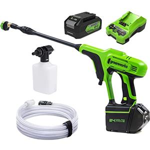 Greenworks Idropulitrice a batteria G24PWK4 (Li-Ion 24V, motore 300 Watt, pressione 24 bar, portata 180 l/h, 5 ugelli spray, tubo di 6 m, con batteria 4Ah e caricatore)