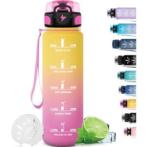 Grsta Borraccia Palestra Senza Perdite - Filtrante con Scala Temporale, Motivazionale, Facile da Trasportare - Plastica 1 Litro per Sport, Trekking, Fitness